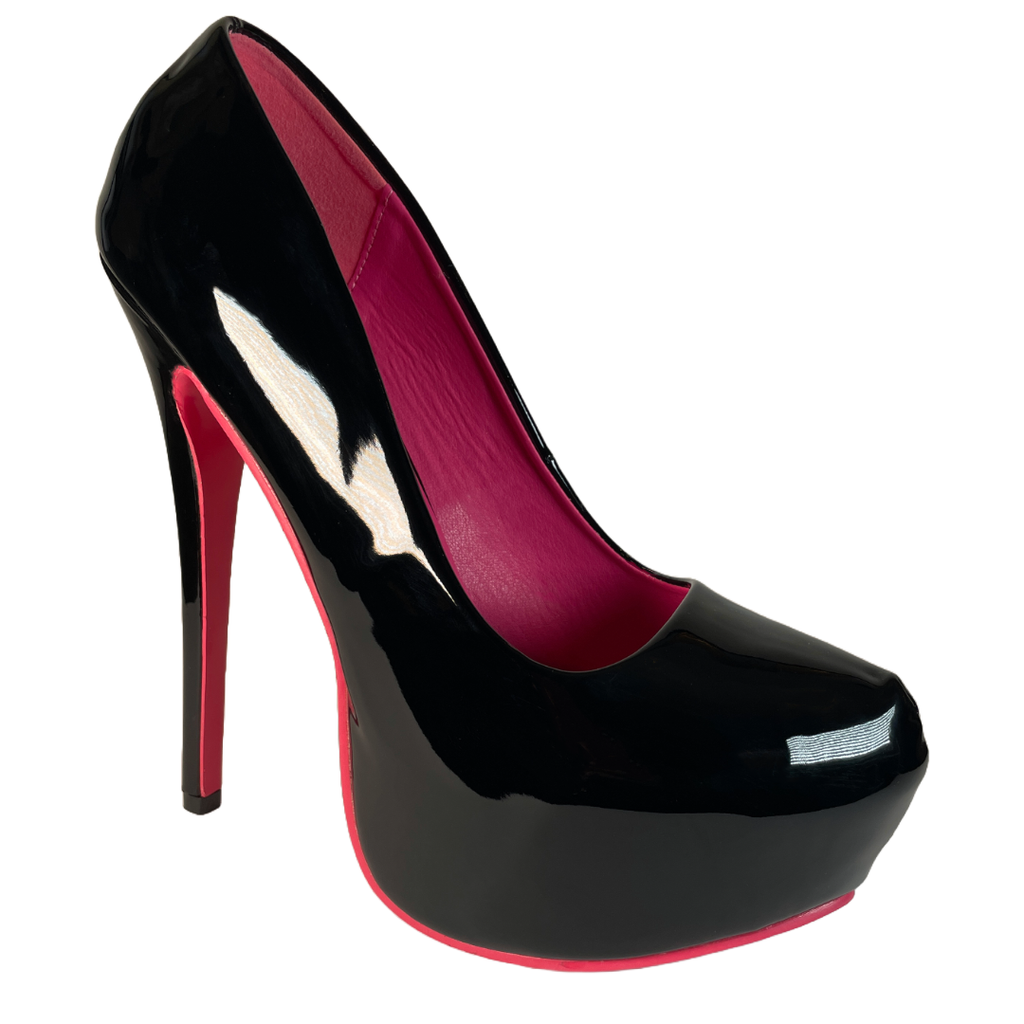 Pink and black shoes heels hotsell