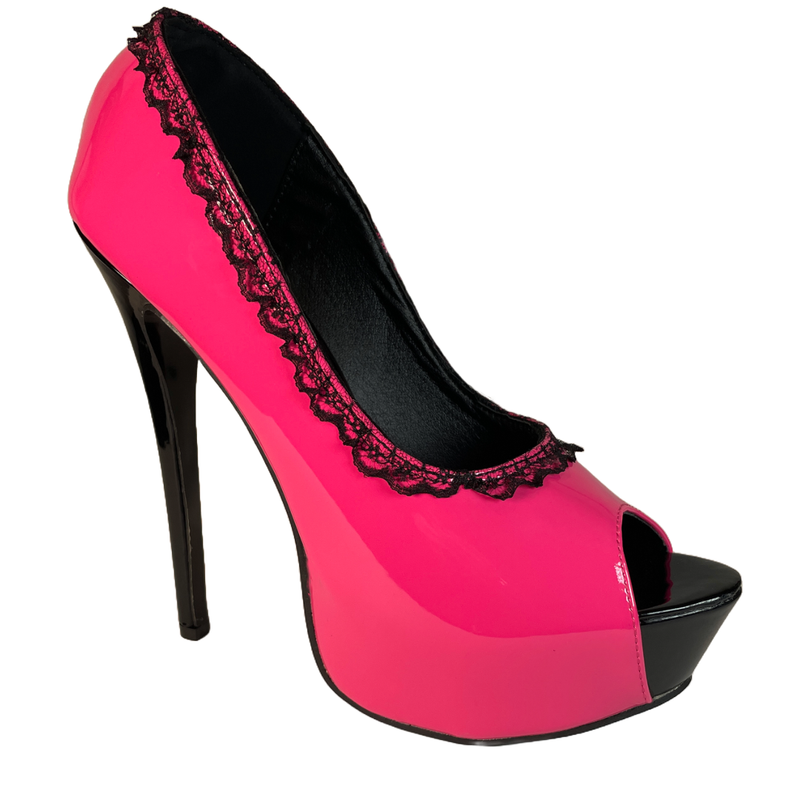 Bright Pink 7ins Peep Toe Heel with Black Lace