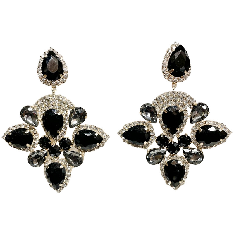 Black and Grey Crystal  Clip on Drop Earrings